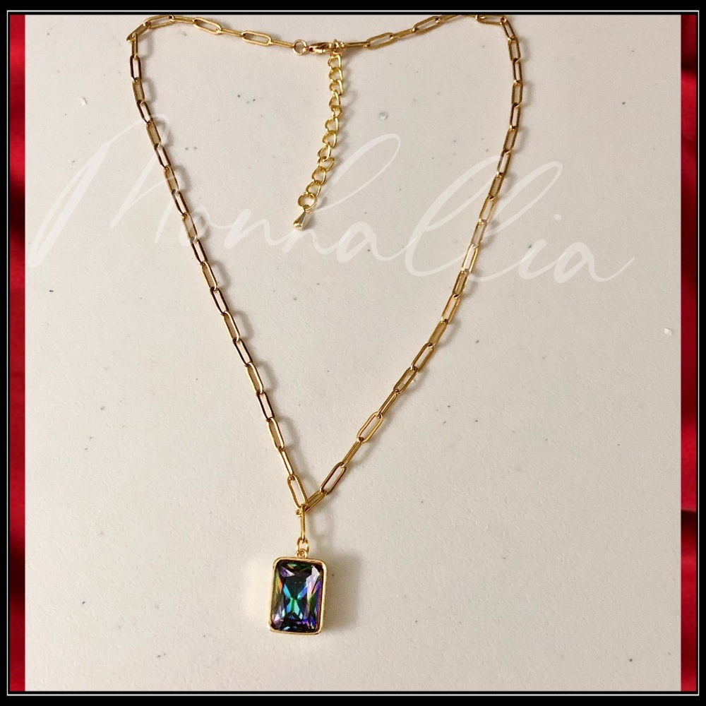 NEW 14K GOLD PAPERCLIP CRYSTAL PRISM STONE HANG CUSTOM PENDANT NECKLACE - Picture 4 of 7